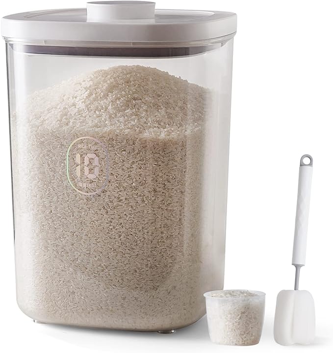 20-25 lbs Rice Dispenser,10.5 Qt/10 L/22-25 lbs Rice Container Storage with Measuring Cup & Brush Food Cereal Container Bins Household for Kitchen Pantry Organization (AY-10KG-WHITE)