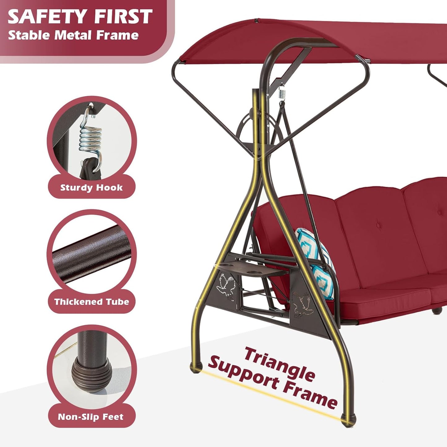 800LBS Patio Swing with Canopy 3 Seat Outdoor Porch Swing with Stand w/Cup Holder & Pillow Glider Chair Swing Bed for Patio Backyard Poolside (Red)