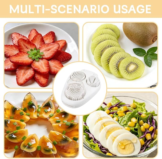 3-in-1 Egg Slicer for Hard Boiled Eggs, Multipurpose 3-Way Cutter with 3 Slice Modes, Heavy Duty Stainless Steel Chopper Tool for Strawberry, Mushroom, Grape, Cherry Tomato(COLOR:White)