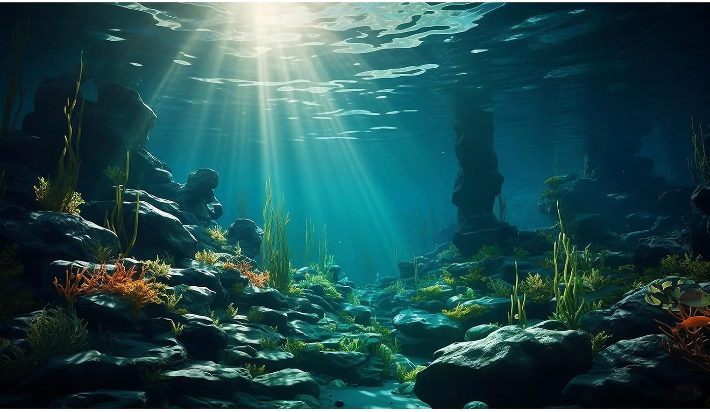 Aquarium Background Ocean Floor Fish Tank Background Underwater Coral Reef Stone Aquarium Backdrop Seaweed Background Sunlight Tank Backdrop Perfect Aquarium Backdrop Durable Vinyl 72x24in