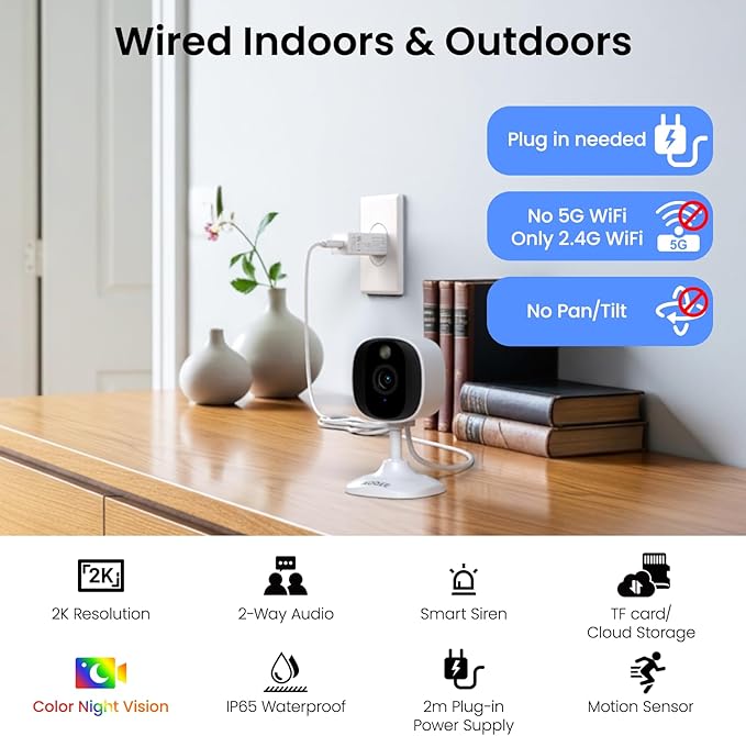 AOQEE 2K Cameras for Home Security-Outdoor/Indoor Camera for Dog/Cat/Pet/Nanny/Baby/Elderly, Color Night Vision, White Light, Siren, 24/7 SD Recordings, Works with Alexa, Plug in (C1-White-1pack-2.4G)