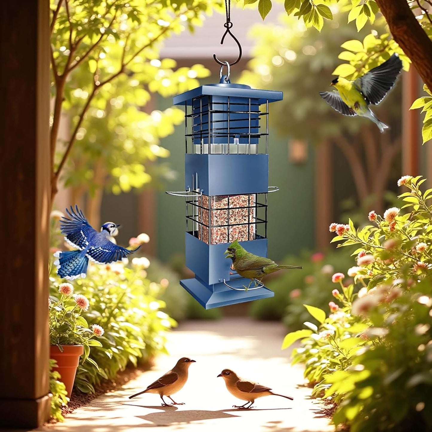 Bird Feeder 3LBS Metal Anti-Squirrel Wild Birdseed Feeder for Finch Cardinal Blue Jay Outdoors Hanging (Blue)