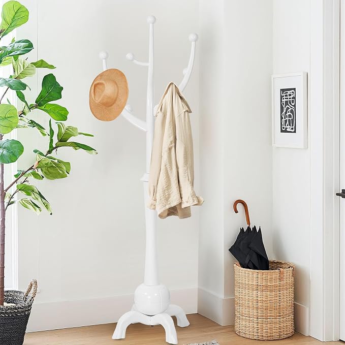 Bekrvio Freestanding Wood Coat Rack with Stable Sphere Base, White | 8 Hooks Tree Branch Design, Heavy Duty Standing Coat Hanger for Entryway, Hallway, Bedroom, Foyer; Hangs Coats, Hats, Bags