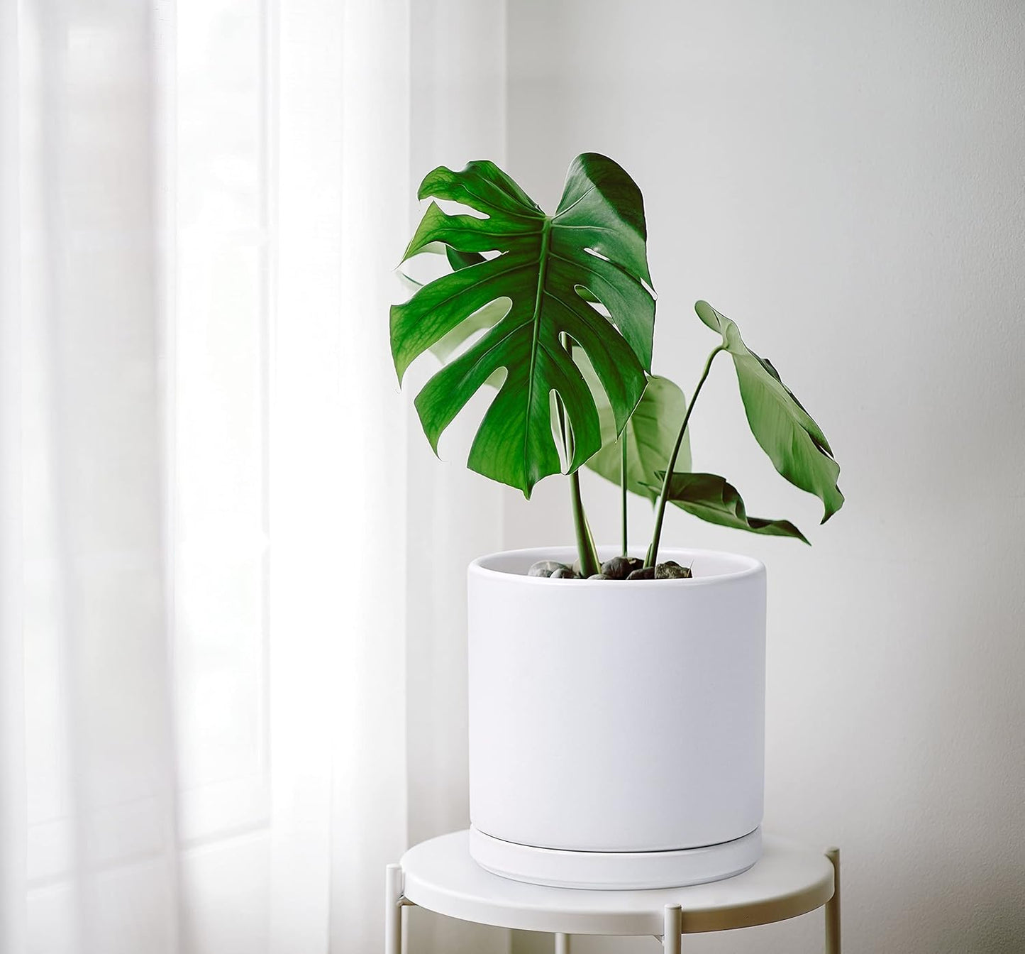 D'vine Dev 8 Inch & 10 Inch Ceramic Planter Pot for Plants with Drainage Hole and Saucer, Large Plant Pots Set, White, 94-G-L-1