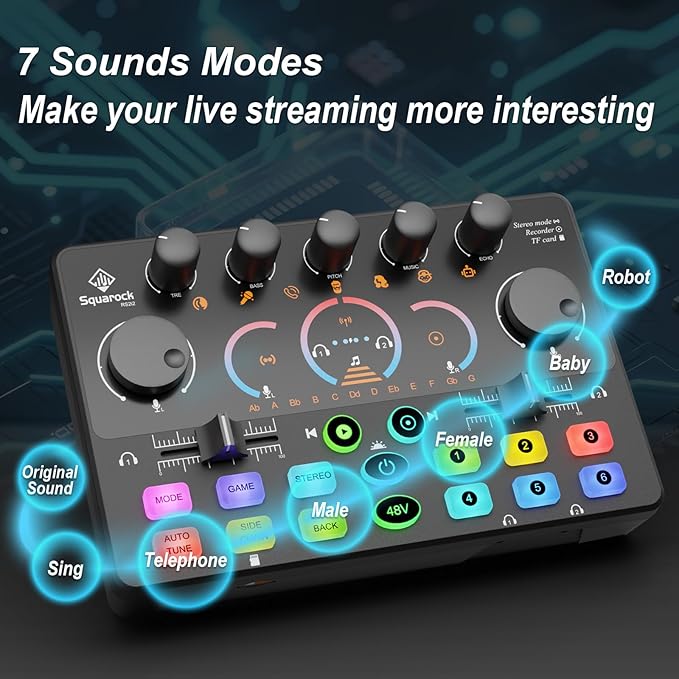 Podcast Equipment Bundle for 2, RGB Mixer with Premium 48V XLR Condenser Microphone Micro-SD card, Surround Sound, for Live Streaming/TikTok/YouTube, Compatible with iOS,Android,PC,Camera RS2i2