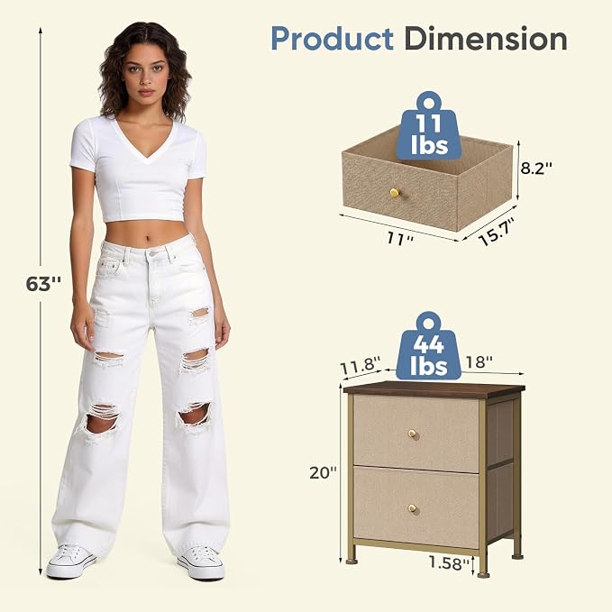 DUMOS Nightstand Small Dresser with 2 Fabric Drawers Side Tables Bedroom End Table Kids Bedside Storage Furniture for 20 inch Tall Night Stand for Closet, Entryway, College Dorm, Khaki 2Pack