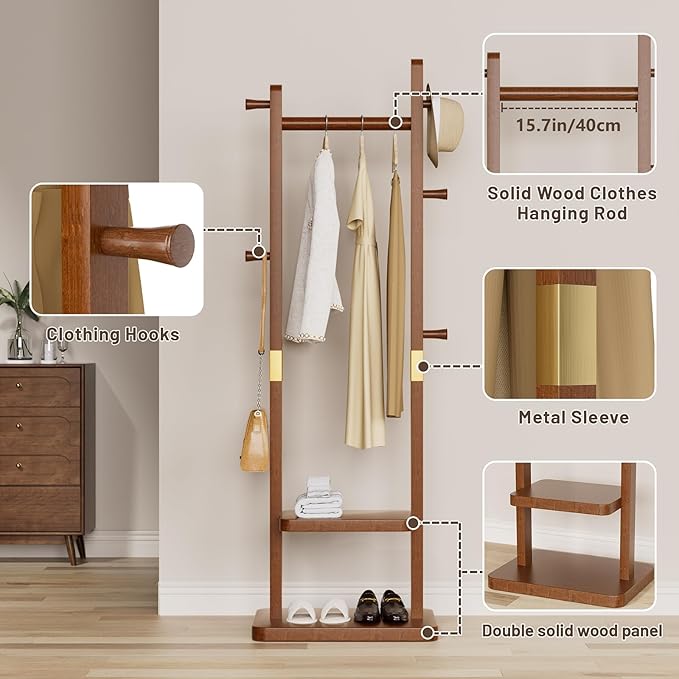 Taitiy Solid Wood Coat Rack, Freestanding Clothing Rack with 2 Shelves Storage & 5 Hooks, Heavy Duty Clothes Rack Stand for Hall, Bedroom, Living Room