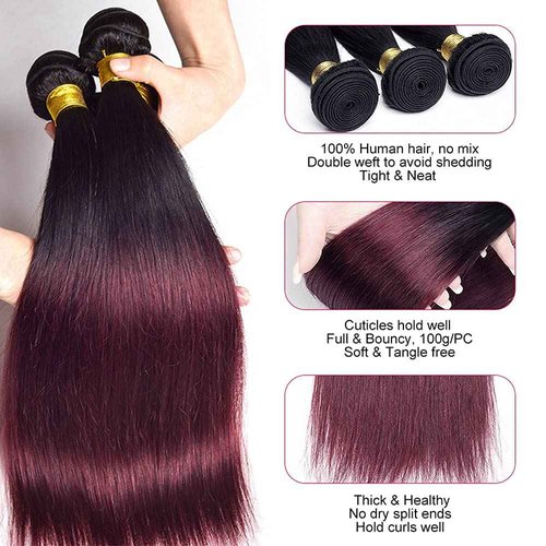 Habiliana Bundles Human Hair 22 24 26 Inch Straight Burgundy T1B/99J Human Hair Bundles 11A Unprocessed Brazilian Virgin Quick Weave Hair Extensions for Black Women