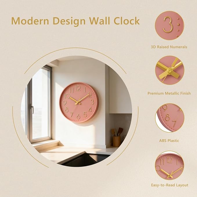 DAXSMY Wall Clock - 10 Inch Silent Non-Ticking Modern 3D Wall Clocks Battery Operated - Decorative Clock for Kitchen, Home Office, Bathroom, Bedroom(Pink)