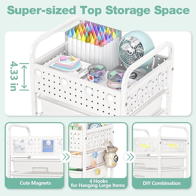 SYKIARIOL 4 Drawer Rolling Storage Cart with Pegboard Top and Hooks, Mobile Organizer Cart with Wheels for Office Supplies, Craft Storage, Classroom Organization, Home Utility Cart, White