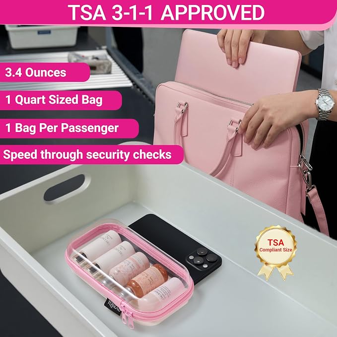 6 Pack Pink Clear Hard Shell Beauty Organizer (2M+4S), 1.2mm Heavy Duty Crush-Proof Cosmetic Case, Reinforced YKK Zippers, Stadium Approved Security Bag for Skincare & Electronics, Multi-Size Set