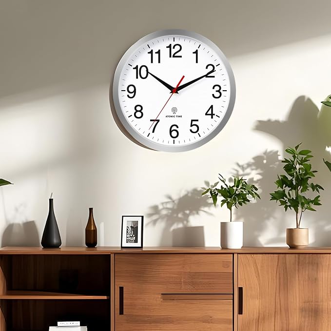 Rohioue Atomic Wall Clock Modern 14 Inch Battery Operated Analog Clock Decorative for Bedroom Kitchen Bathroom Office Home Living Room (Silver)