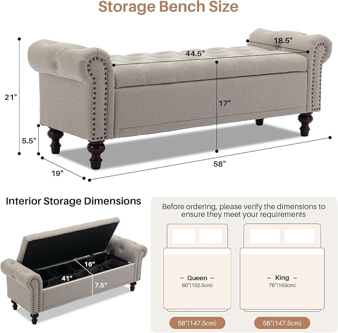 58'' Upholstered Storage Bench for Bedroom, Linen End of Bed Storage Ottoman Benches Large, Button Tufted Ottomans with Storage for Living Room/Entry Way/Closet, Light Brown