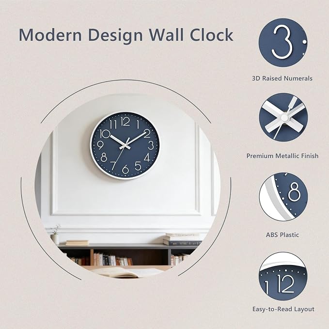 DAXSMY Wall Clock - 10 Inch Silent Non-Ticking Modern 3D Wall Clocks Battery Operated - Decorative Clock for Kitchen, Home Office, Bathroom, Bedroom(Azure Blue)