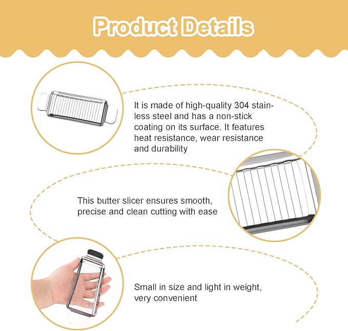 Butter Slicer Cutter for Block Cheese, 304 Stainless Steel Butter Slicers, Multipurpose Handheld Cutter for Block Cheese, Soft Fruits, Eggs, Dishwasher Safe Kitchen Tool