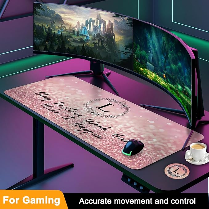 Pink Large Gaming Mouse Pad with Coaster, Desk Mat, Mouse Pad for Computer Keyboard Laptop Office Decor, Stitched Edges Extended Mousepad, 31.5'' x15.6''-Letter L
