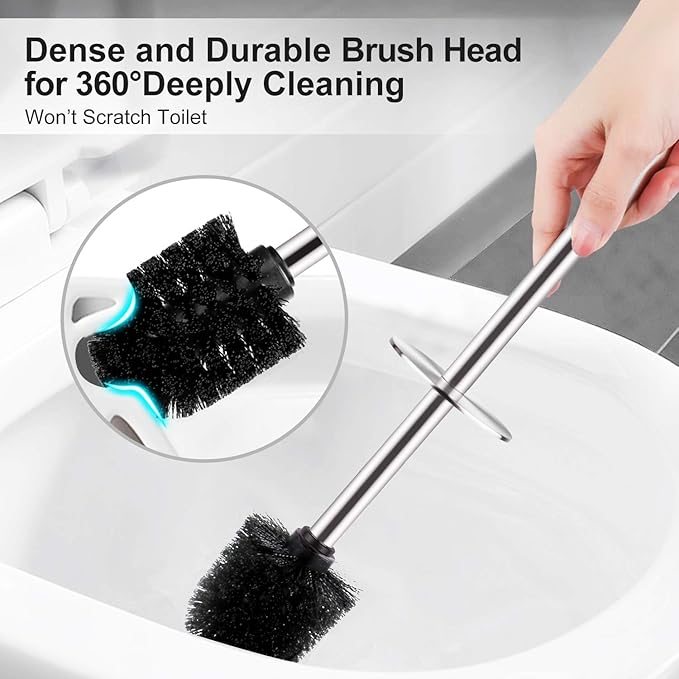 Toilet Brush and Holder, 2 Pack Toilet Brush with 304 Stainless Steel Long Handle, Toilet Bowl Brush for Bathroom Toilet-Ergonomic, Elegant,Durable (Silver)
