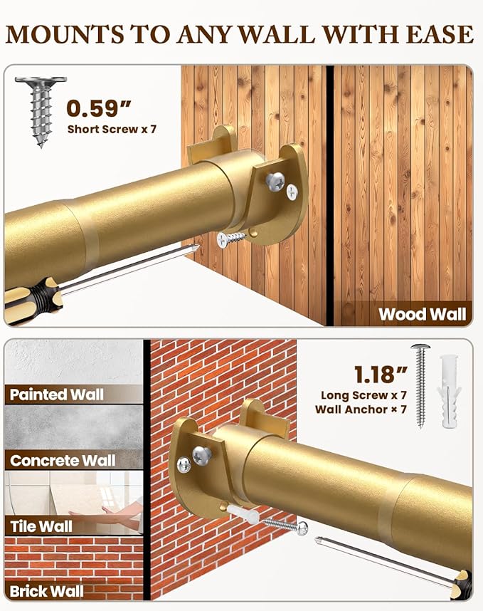 Heavy Duty Closet Rod, 17-99 IN Closet Rods for Hanging Clothes, Gold | Stepless Adjustable, Supports up to 66 lbs, Multiple Size Options, Easy Installation, Multi Purpose , Wall-Mounted