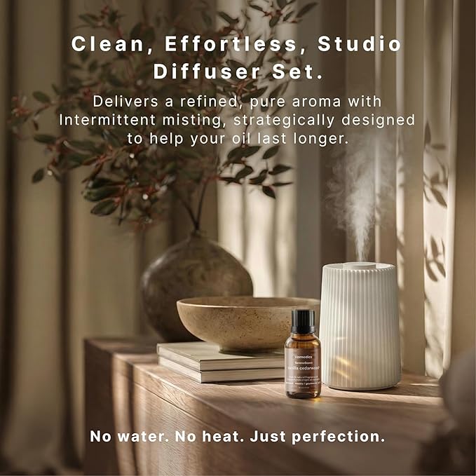 Homedics Waterless Essential Oil Diffuser with 15ml Vanilla Cedarwood Fragrance Oil. SereneScent Cordless Cold Air Scent Diffuser Starter Kit with Ambient Light, Studio 671 (White)