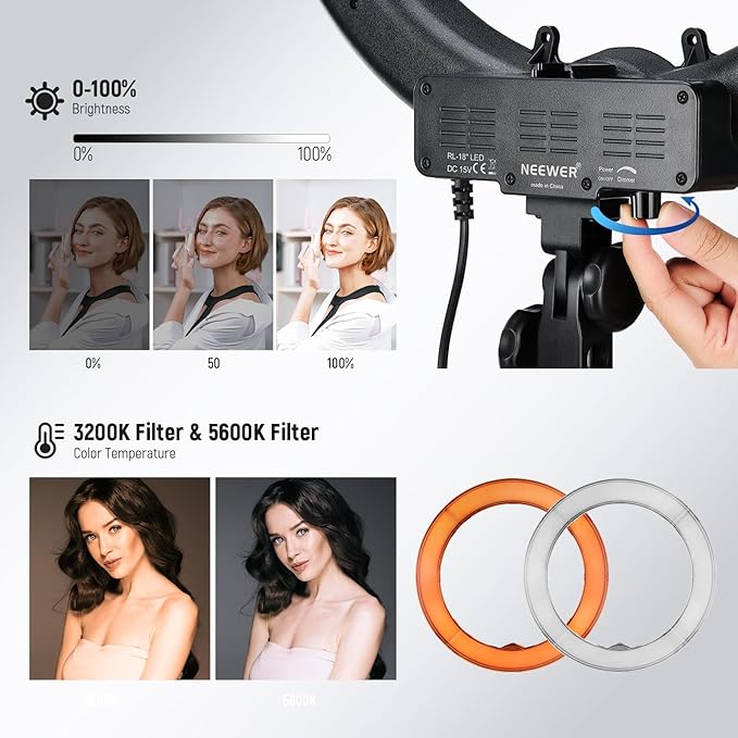 NEEWER 55W 18"/45cm Ring Light Kit [New Version], 5600K Dimmable LED Ringlight Tripod Stand Phone Holder for iPhone Selfie Makeup Lash Tattoo Studio Photo Video Recording Photography Lighting, RL-18