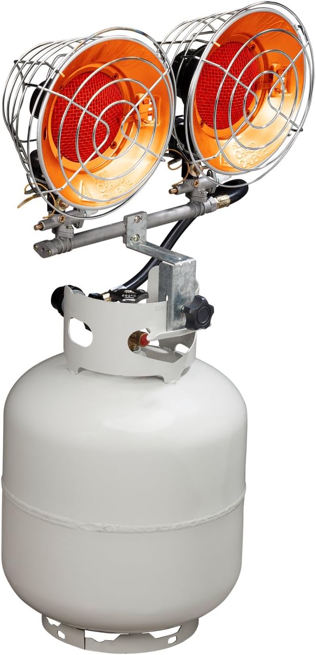 Avenger FBDTP30 Infra-Red Tank Top Outdoor Heater for Use with Propane Gas Tanks for Camping, Patios, and More, Double Burner, 30,000 BTU, Silver