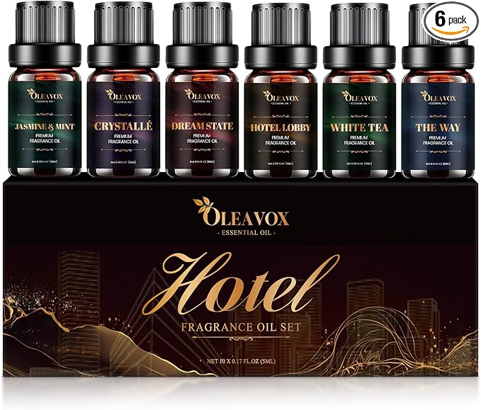Hotel Diffuser Oils Gift Set, Essential Oils for Diffusers for Home, Luxury Fragrance Oil Set, Candle & Soap Making Scents, Jasmine & Mint, White Tea, The Way, Dream State, Hotel Lobby, Crystallé