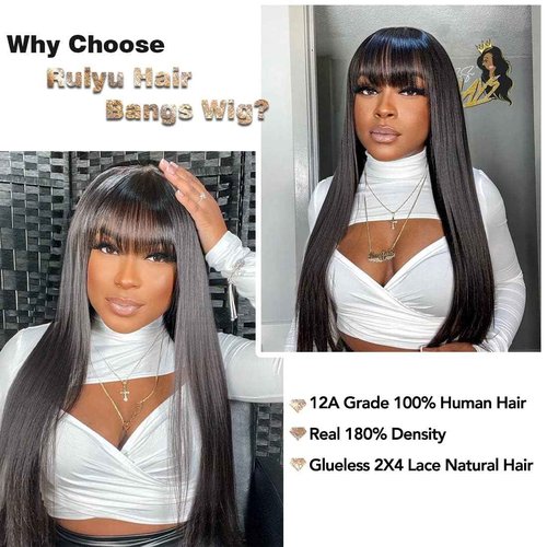 Ruiyu Straight Human Hair Wigs with Bangs 180% Density 2x4 Lace Front Wigs with Bangs Closure Wear and Go Glueless Wigs 100% Brazilian Virgin Human Hair Wigs for Women 16 Inch