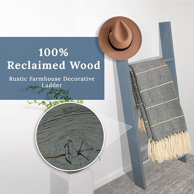 BARNWOODUSA Throw Blanket Ladder – Fully Assembled Reclaimed Wood – Rustic Decorative Ladder for Towels, Quilts, & More – Perfect Decor for Bathroom, Porch, or Living Room,3-foot Slate Blue