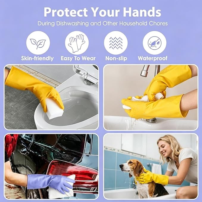 Rubber Kitchen Dishwashing Gloves - 4 Pairs Colorful Reusable Cleaning Gloves for Kitchen Washing Dishes and Household Cleaning(Small, Yellow+Blue)