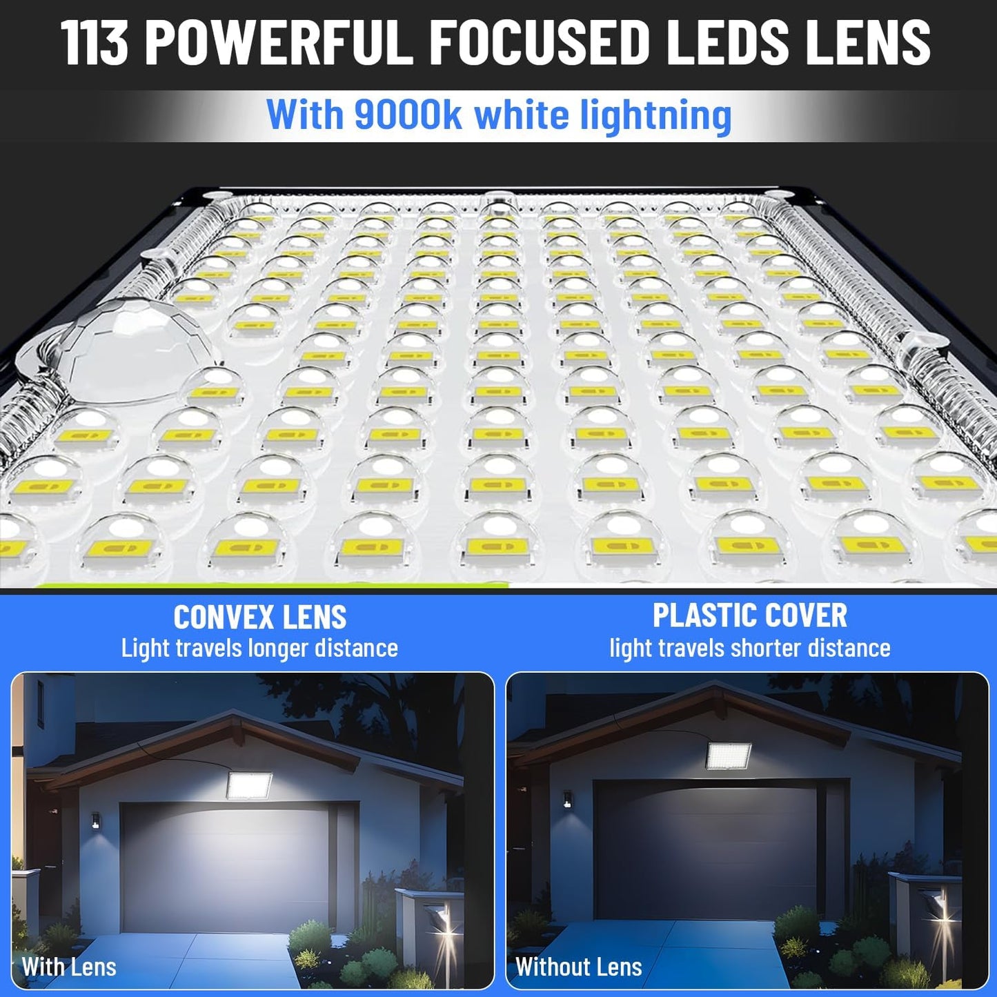 113-LED Outdoor Solar Lights with Motion Sensor, 9000K Cool White, 5M Long Wire, IP65 Waterproof Luces solares para exteriores Yard, Garden, Driveway, Patio, with 2 Year Warranty.