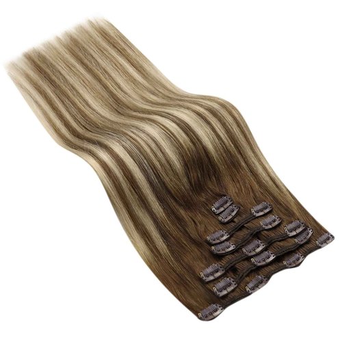 Ve Sunny Clip in Hair Extensions Brown Human Hair Clip in Extensions for Women Clip in Extensions Real Human Hair Chestnut Brown Balayage Platinum Blonde Easy to Wear 7pcs 20inch 120g