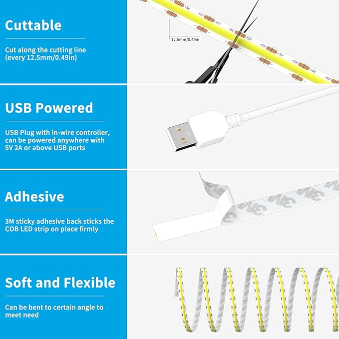 USB 5V COB LED Strip Lights 9.84ft/3M, Natural White 4000K Dimmable USB Powered Density COB Tape Flexible Cuttable LED Strip for TV Backlight, 3D Printer, RV, Sewing Machine, Bedroom, Mirror