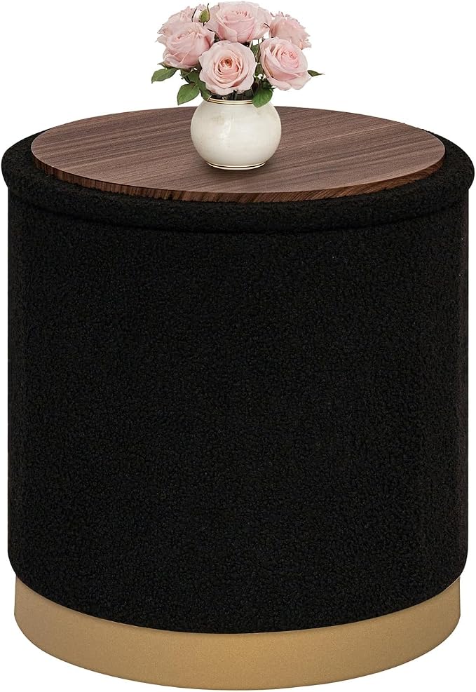 B FSOBEIIALEO Ottoman with Stroage, Round Boucle Storage Ottoman with Gold Plating Base,Foot Rest Stool for Dorm Room, Living Room Black, 16.73"x16.73"x17.72"