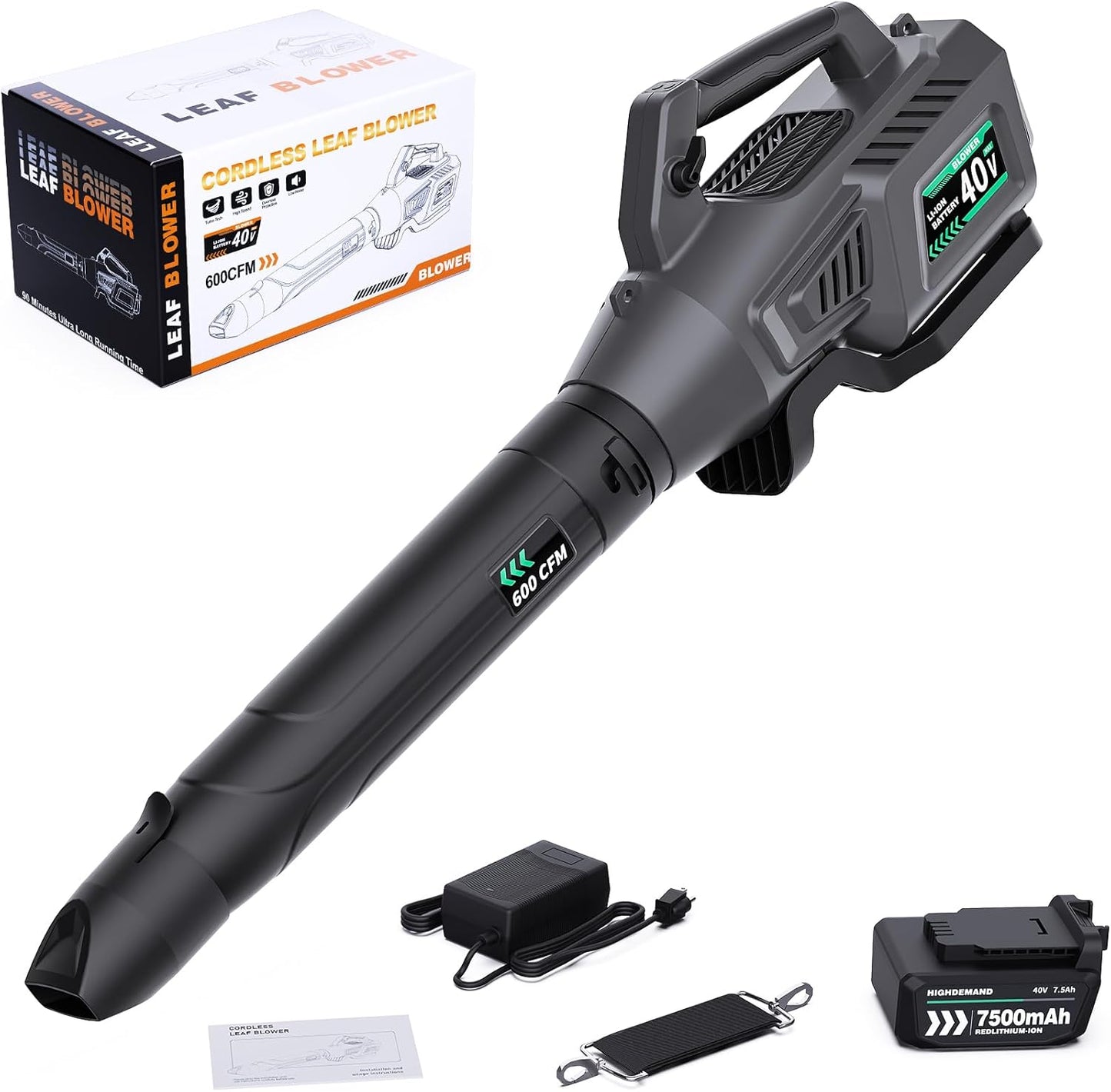 Leaf Blower Cordless, 40V 600CFM &180MPH Electric Leaf Blower with 7.5Ah Battery, Fast Charger and Extension Tube for Blowing Leaves Snow for Yard Garden Lawn Care, Grey