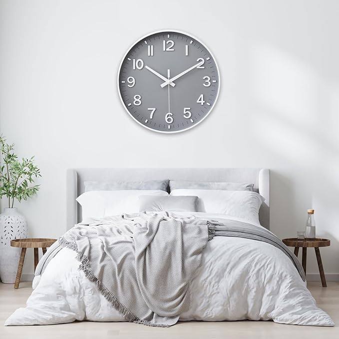 HZDHCLH Wall Clocks Battery Operated,Wall Clock Gray,8 inch Wall Clock Silent Non Ticking Modern 3D Numbers for Kitchen Bedroom Living Room Office Classroom Decor