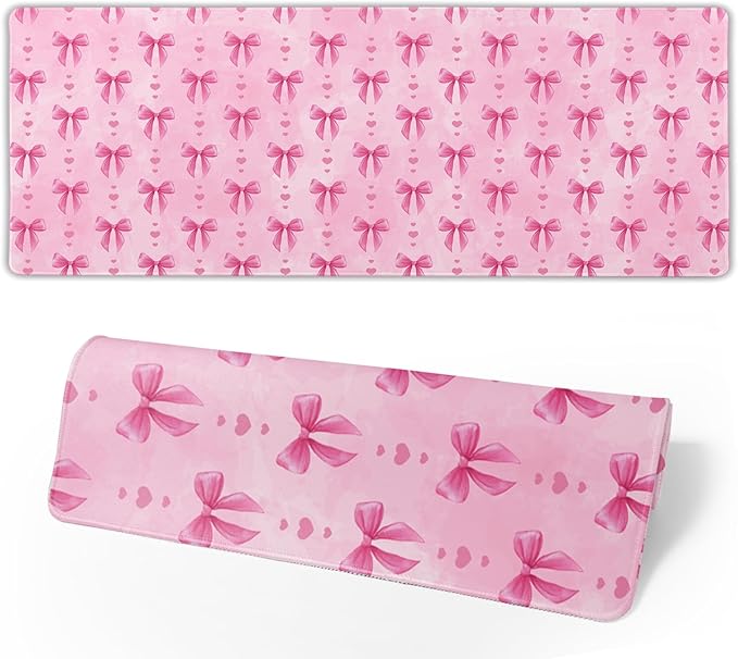 Pink Bows Mouse Pad Extended Large 35.4x15.7in Coquette Kawaii Desk Mat Preppy Trendy Computer Large Mousepad Non-Slip Rubber Base Stitched Edge Gaming Mousepad PC Computer Desk Pad for Work Desktop