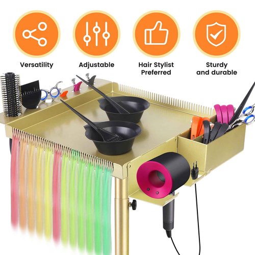 Salon Señor Multi-Function Salon Tray,Extension Hair Cart,Hairstylist Rolling Cart with Storage Platform and Hair Separator Stand,Gold