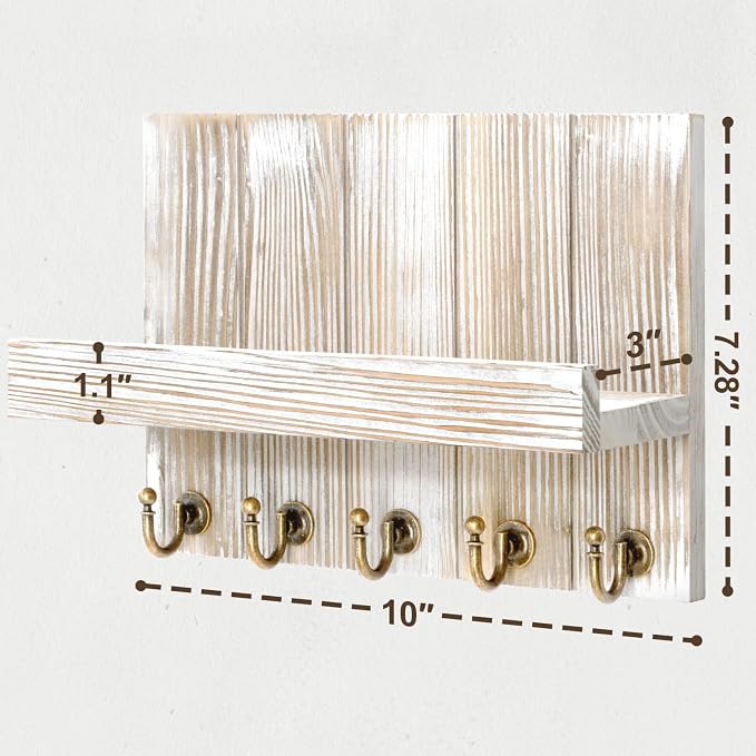 Rebee Vision Farmhouse Key Holder for Wall - Mail Organizer & Key Hanger for Wall - 5 Sturdy Key Hooks with Small Floating Shelf for Rustic Apartment Essentials (Natural Wood, 3.54"D x 10"W x 7.28"H)
