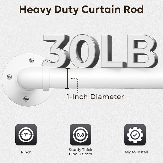 Zeerobee Curtain Rods for Windows 32 to 48, 1 Inch Industrial Wrap Around White Curtain Rod, Indoor/Outdoor Room Divider Adjustable Drapery Pole, 32"-48"