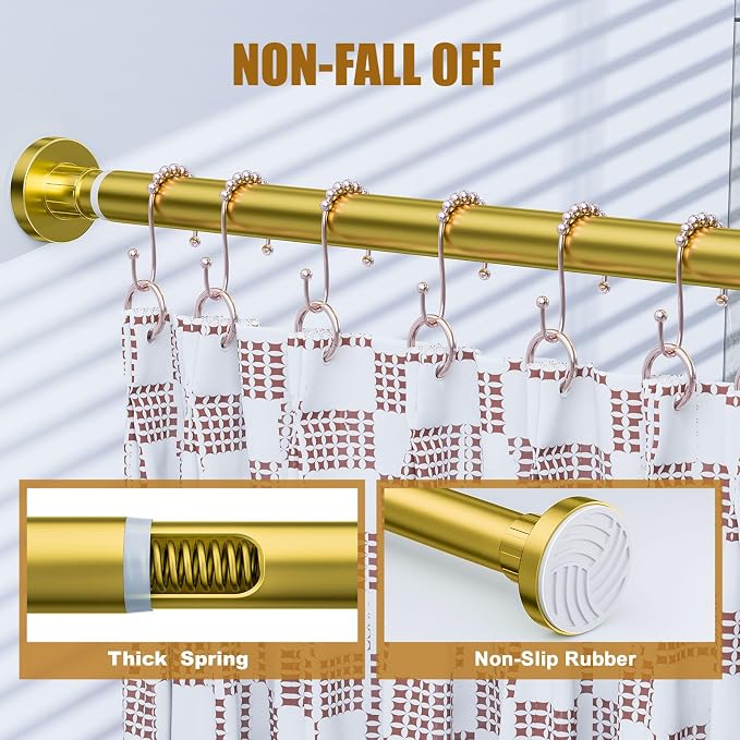 Ausemku Shower Curtain Rod 32-80 Inch Adjustable - 1 Inch Diameter Heavy Duty No drill Spring Tension Shower Rod, Non-Slip Rustproof Telescopic Rod for Bathroom, Gold