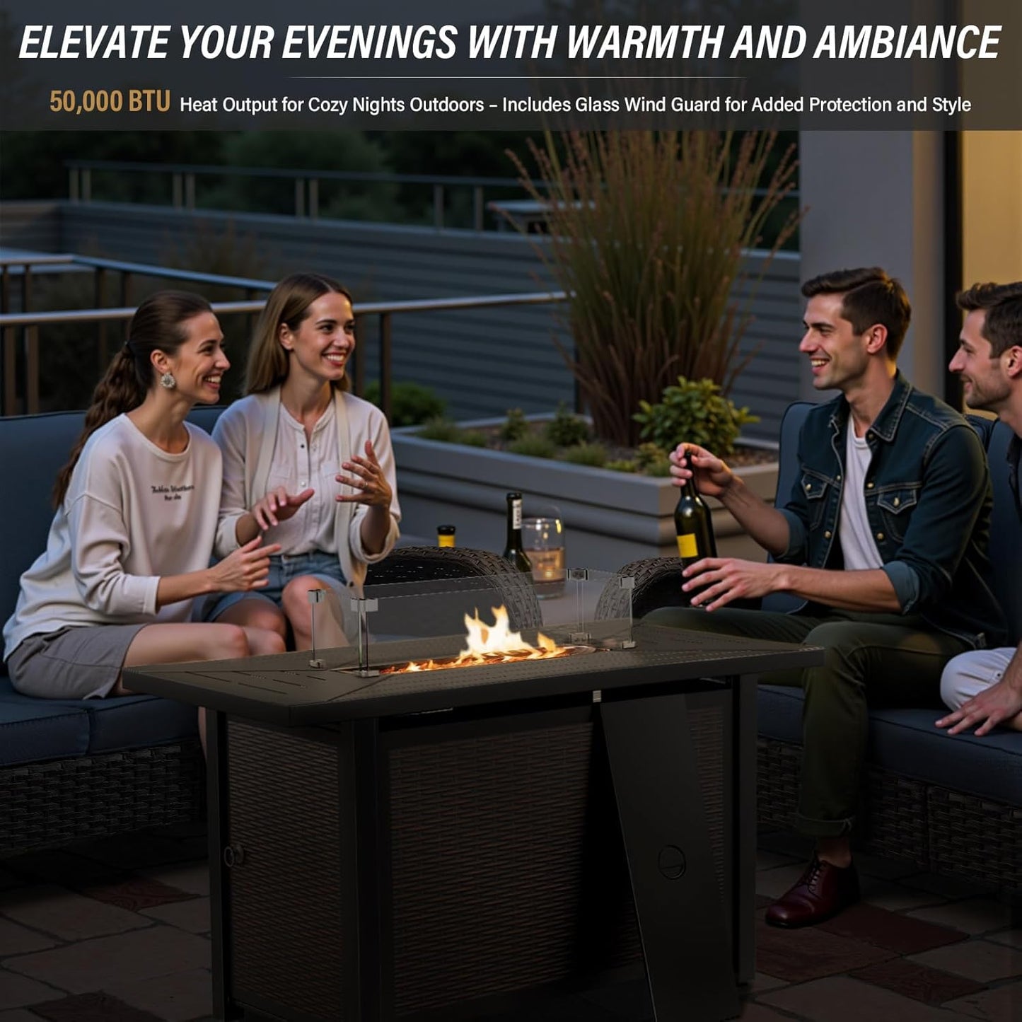 8 Piece Patio Furniture Set with 50000 BTU Propane Fire Pit Table, Outdoor Conversation Set with 2 Swivel Rocker Chairs Wicker Sofa and Ottomans for Casual Gatherings Grey