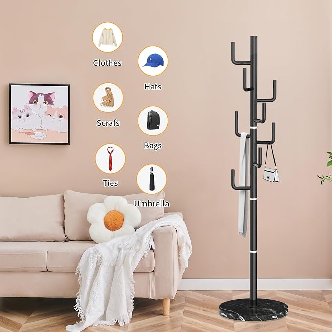 ZOZOE Metal Modern Coat Racks, Cactus Coat Rack Freestanding with Natural Marble Base, Black Coat Rack Stand with 8 Hooks, Coat Tree Hanger Stand for Bags, Hats, Entryway, Office