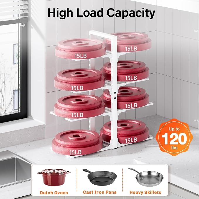 MUDEELA 8-Tier Pots and Pans Organizer under Cabinet, Heavy Duty Adjustable Pot Pan Organizers inside Cabinet, Kitchen Cabinet Organizers and Storage Pot Rack for Big Stockpots, Heavy Cookware, White
