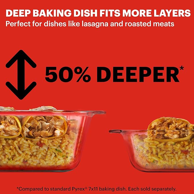 Pyrex Deep Glass Baking Dish with Plastic Lid, Deep Casserole Dish, Glass Food Container, Oven, Freezer and Microwave Safe, Clear Container, 7x11