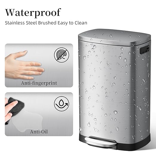 KdbK 13 Gallon Trash Can with Lid, 50L Fingerprint Proof Stainless Steel Kitchen Trash Can with Removable Inner Bucket and Lid Soft Close, Pedal Rubbish Bin for Home Office（Silver）