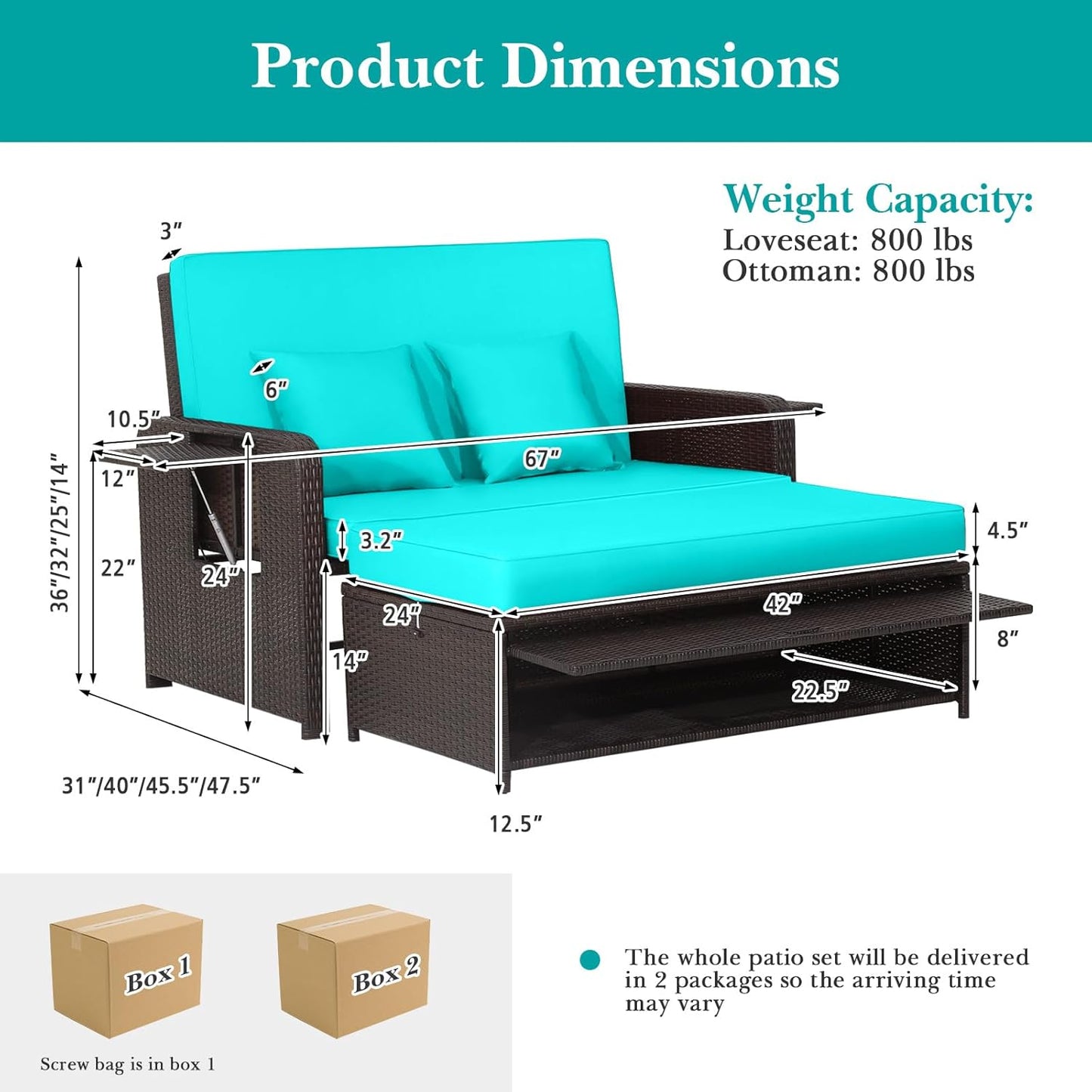 Tangkula Patio Rattan Daybed Set, Wicker Loveseat Sofa w/Multipurpose Ottoman & Retractable Side Tray, 4-Level Adjustable Backrest, Footstool w/Storage, Soft Cushion Included (Turquoise)