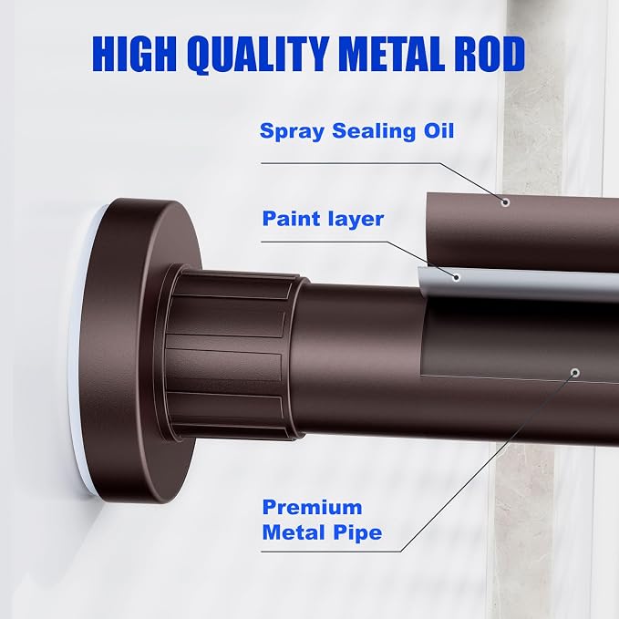 Ausemku Shower Curtain Rod 32-80 Inch Adjustable - 1 Inch Diameter Heavy Duty No drill Spring Tension Shower Rod, Non-Slip Rustproof Telescopic Rod for Bathroom, Brown