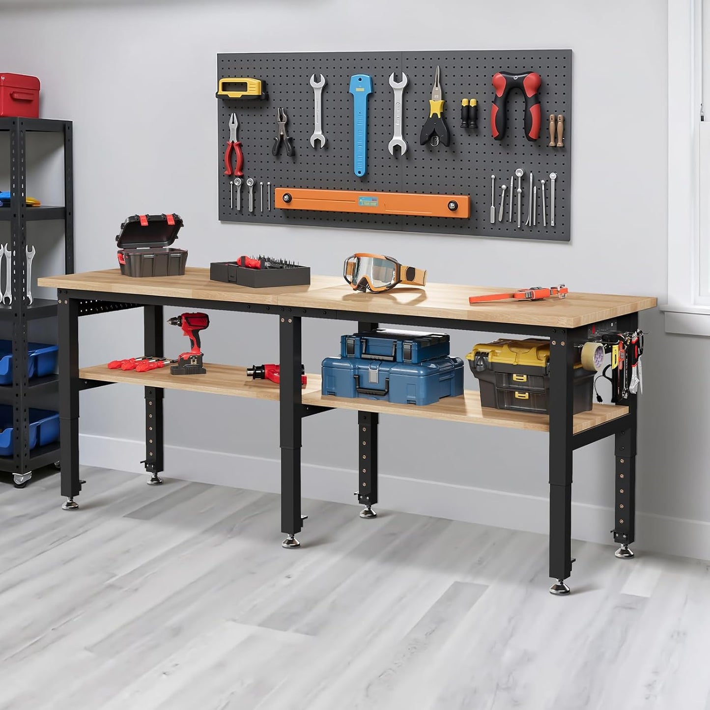 Albott 84" Adjustable 2-Tier Workbench with Solid Wood Top, Max 2000lbs Capacity, Built-in Power Strip with 4 AC Outlets & 2 USB Ports, Pegboard & 20 Hooks, Shop Garage Office
