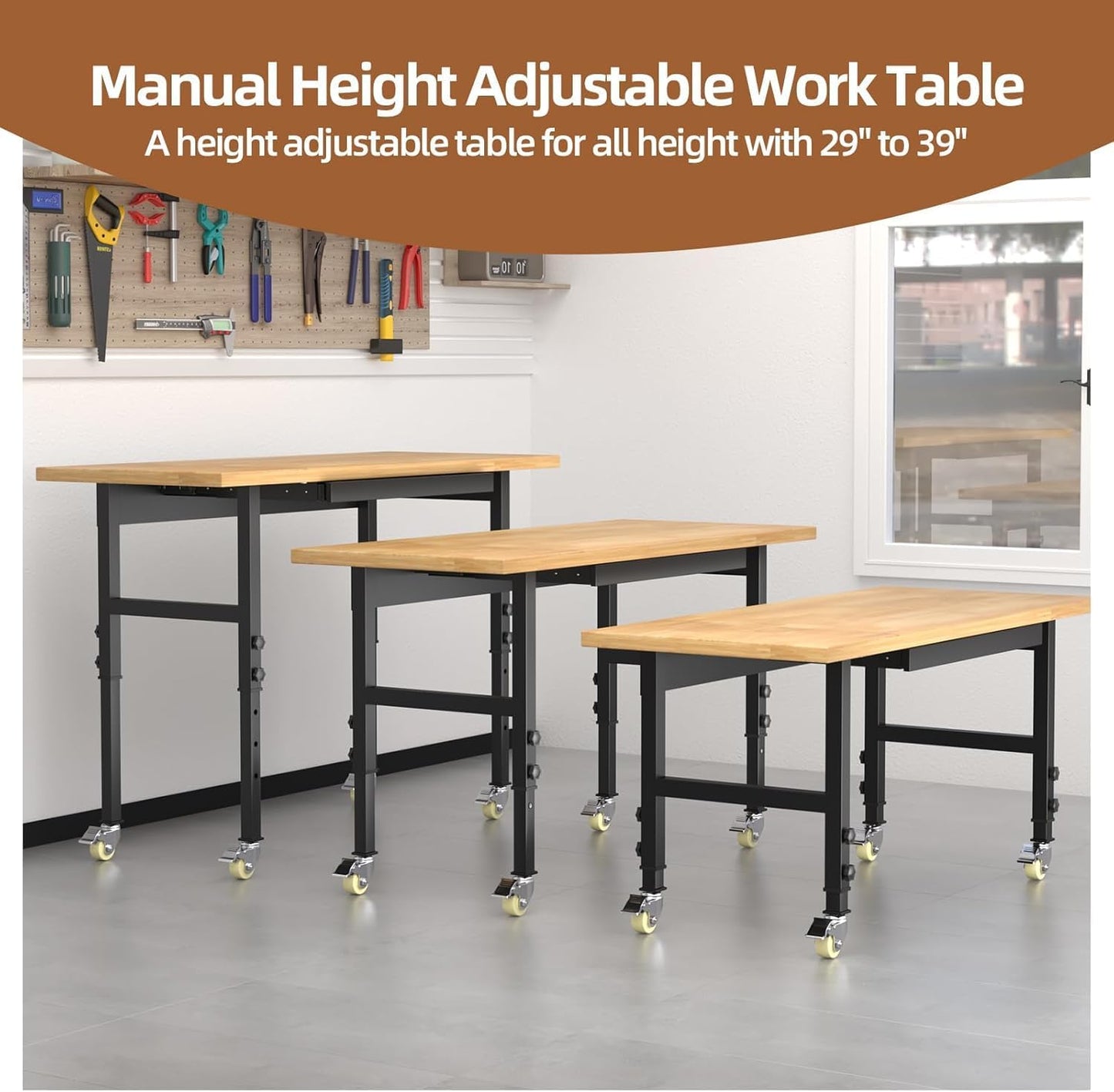 48' Adjustable Workbench, Solid Wood Work Bench Table with Wheels and Power Outlet, Rolling Workbenchs Large Load Capacity Garage Workbench for Workshop,Office,Home