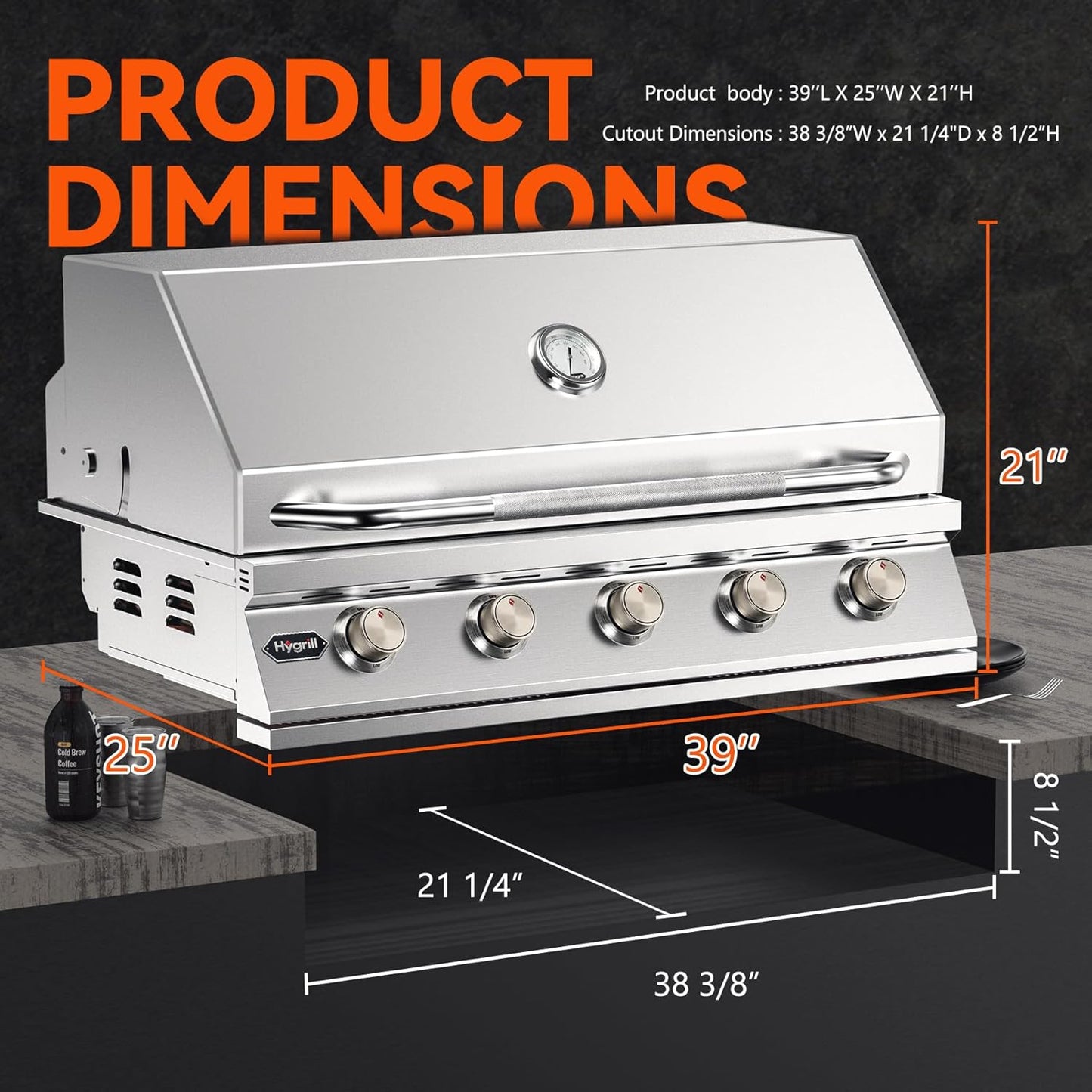 Hygrill 40-Inch Built In Grill, Stainless Steel 5-Burner Grill Head for Outdoor Kitchen, Liquid Propane